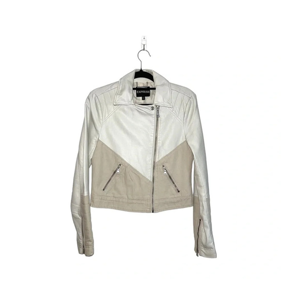 Express Cream & Tan Contrast Full Zip Leather Jacket Small Women’s - Picture 12 of 12
